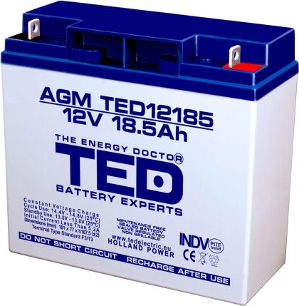 Оловна батерия TED ELECTRIC, 12V, 18.5Ah, 181/ 76/ 167 mm, AGM