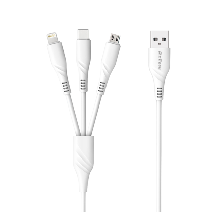 Кабел за зареждане DeTech DE-C40, 3 в 1, Micro USB, Lightning, Type-C, 1.0m, Бял 