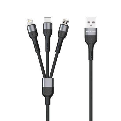 Кабел за зареждане DeTech DE-C41, 3 в 1, Micro USB, Lightning, Type-C, 1.0m, Черен 