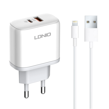 Мрежово зарядно устройство LDNIO A2526C, 45W, 1 x Type-C F, 1 x USB F, PD, QC, PPS, С Lightning кабел , Бял 