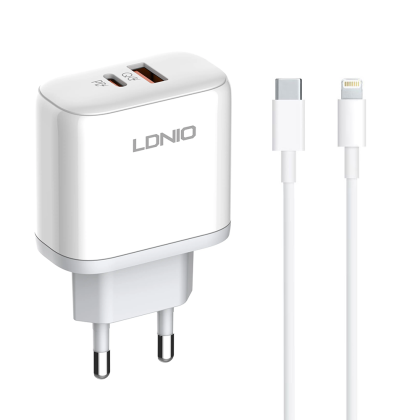 Мрежово зарядно устройство LDNIO A2526C, 45W, 1 x Type-C F, 1 x USB F, PD, QC, PPS, С Кабел Type-C към Lightning , Бял 