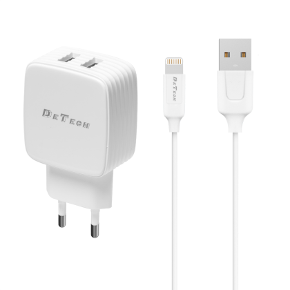 Мрежово зарядно устройство DeTech DE-33i, 5V/2.4A, 220V, 2 x USB, С Lightning кабел, 1.0m, Бял 