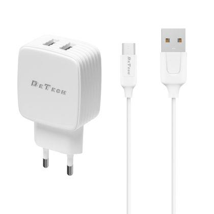 Мрежово зарядно устройство DeTech DE-33M, 5V/2.4A, 220V,2 x USB, С Micro USB кабел, 1.0m, Бял 