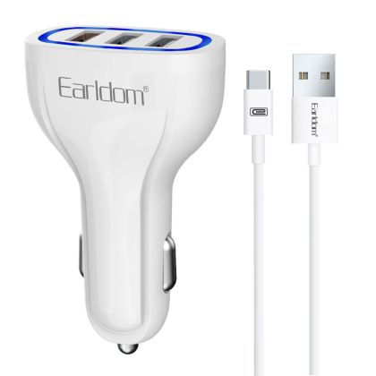 Зарядно устройство за кола Earldom ES-CC13, 3xUSB, QC3.0, С Type-C кабел, Бял 