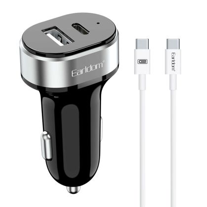 Зарядно устройство за кола Earldom ES-CC14, 1xUSB, 1xType-C, С PD Type-C кабел, Черен 