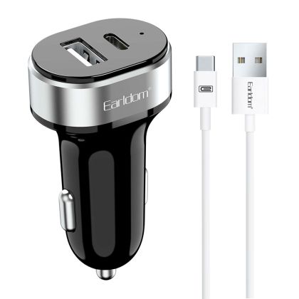 Зарядно устройство за кола Earldom ES-CC14, 1xUSB, 1xType-C, С Type-C кабел, Черен 