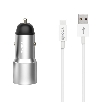 Зарядно устройство за кола Yookie PC4, Quick Charge 3.0, 2xUSB, С Type-C кабел, Различни цветове 