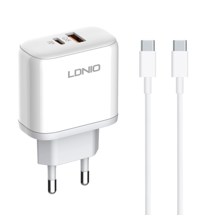 Мрежово зарядно устройство LDNIO A2526C, 45W, 1 x Type-C F, 1 x USB F, PD, QC, PPS, С PD Type-C кабел, Бял 