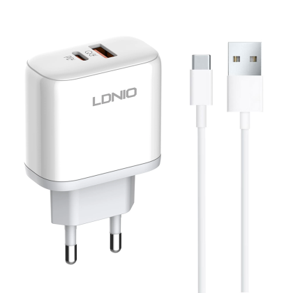 Мрежово зарядно устройство LDNIO A2526C, 45W, 1 x Type-C F, 1 x USB F, PD, QC, PPS, С Type-C кабел , Бял 