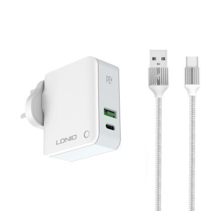 Мрежово зарядно устройство LDNIO A4403C, 1xUSB, 1xType-C PD, С Micro USB кабел, Бял 