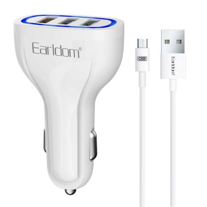 Зарядно устройство за кола Earldom ES-CC13, 3xUSB, QC3.0, С Micro USB кабел, Бял 