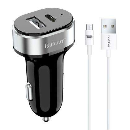 Зарядно устройство за кола Earldom ES-CC14, 1xUSB, 1xType-C, С Micro USB кабел, Черен 