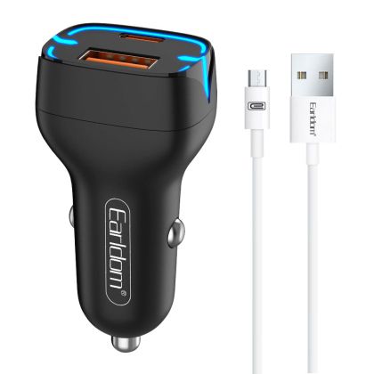 Зарядно устройство за кола Earldom ES-CC2, 1xUSB QC3.0, 1xType-C PD, С Micro USB кабел, Различни цветове 