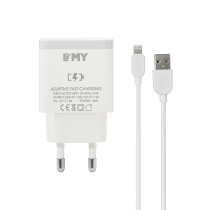 Мрежово зарядно устройство EMY MY-A301Q, Quick Charge 3.0, Lightning Кабел, Бял 