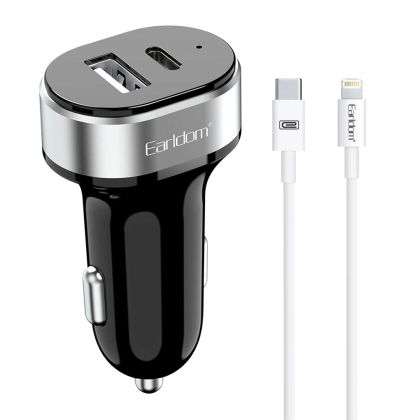 Зарядно устройство за кола Earldom ES-CC14, 1xUSB, 1xType-C, С PD Lightning кабел, Черен 