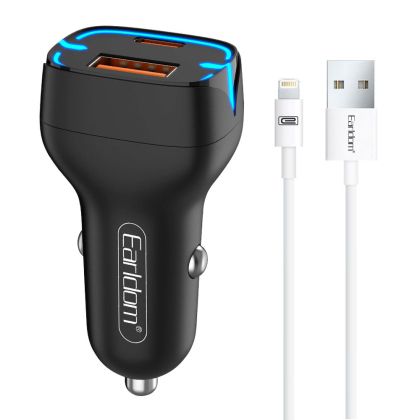 Зарядно устройство за кола Earldom ES-CC2, 1xUSB QC3.0, 1xType-C PD, С Lightning кабел, Различни цветове 