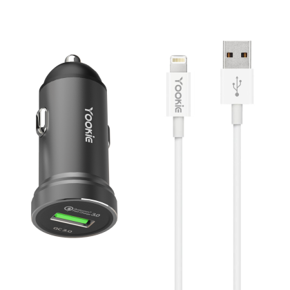 Зарядно устройство за кола Yookie PC2, Quick Charge 3.0, 1xUSB, С Lightning кабел, Различни цветове 