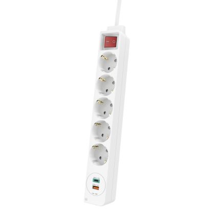 Разклонител  HAMA Power Strip, 5 гнезда, USB-C/USB-A,1.4м, макс 18W, PD/Quick Charge, Бял