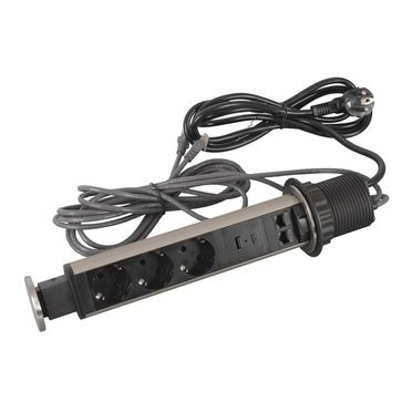 Мебелна колона Ф60mm 3x 2P+E Шуко, USB 15W A+C и 2x RJ45 UTP cat.6, с кабел 2m, цвят Черен Метал