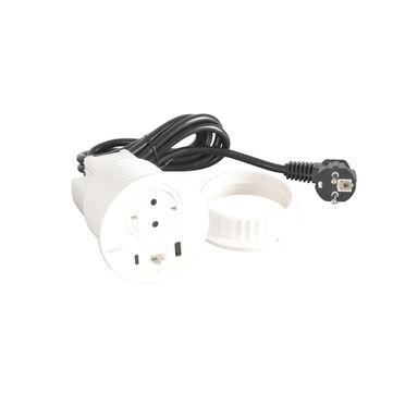 Модул за вграждане в мебел 2P+E Шуко, в отвор Ø80mm, USB розетка 15W тип A+C и RJ45 UTP cat.6, с кабел 2m, цвят Бял