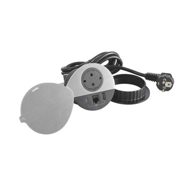 Модул за вграждане в мебел 2P+E Шуко, в отвор Ø80mm, USB розетка 15W тип A+C и RJ45 UTP cat.6, с кабел 2m, цвят Метал Черен