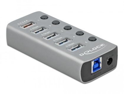 USB хъб Delock 3.2 Gen 1, 4 x USB-A, 1 Fast Charging Port, 1 x USB-B, Подсветка, Сив