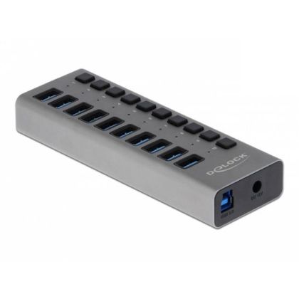 USB хъб Delock 10 x USB-A, 1 x USB-B, 5 Gbps, Превключвател, LED индикатор, Сив